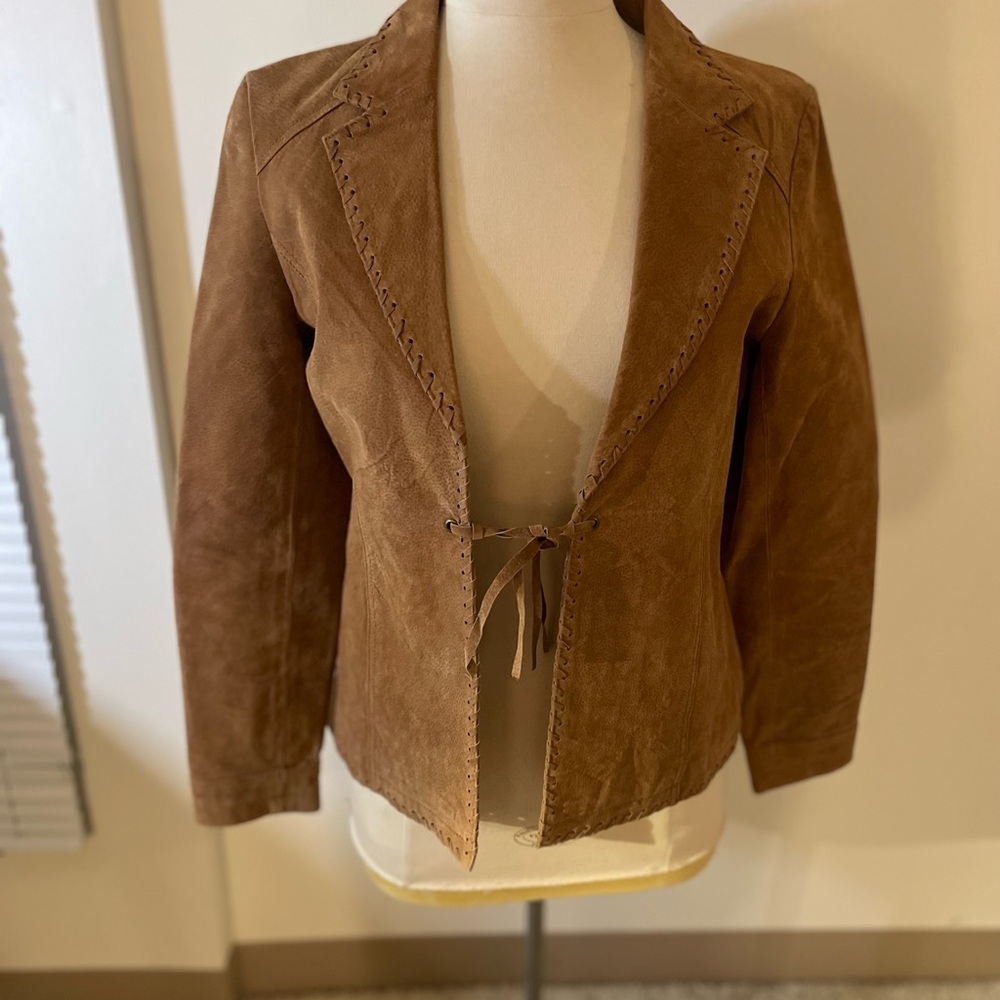 Vintage Passport Camel Suede Tie Front Stitching Details Ladies Large Jacket New